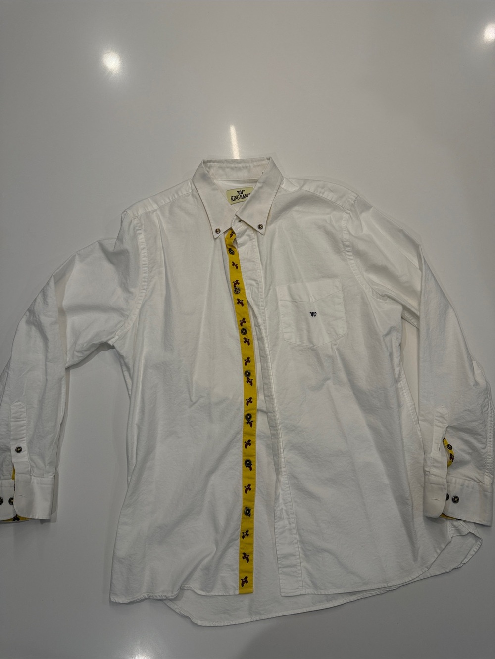 White Long-Sleeve Button-Down Shirt with Yellow Trim